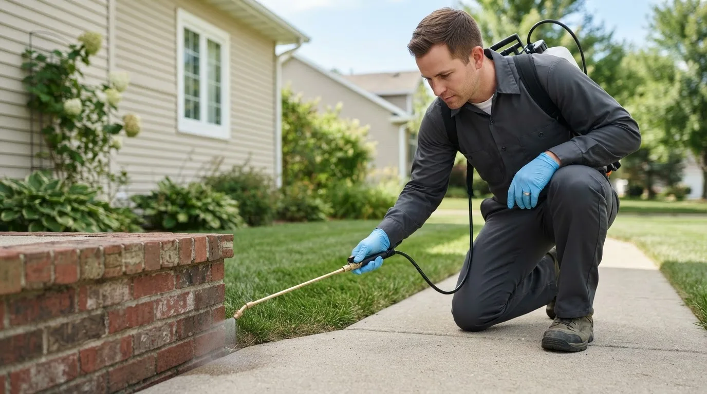 Pest control technician treating a home near Oakdale, NE