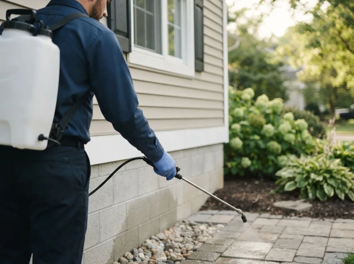 Pest control technician inspecting a home in Oakdale, NE
